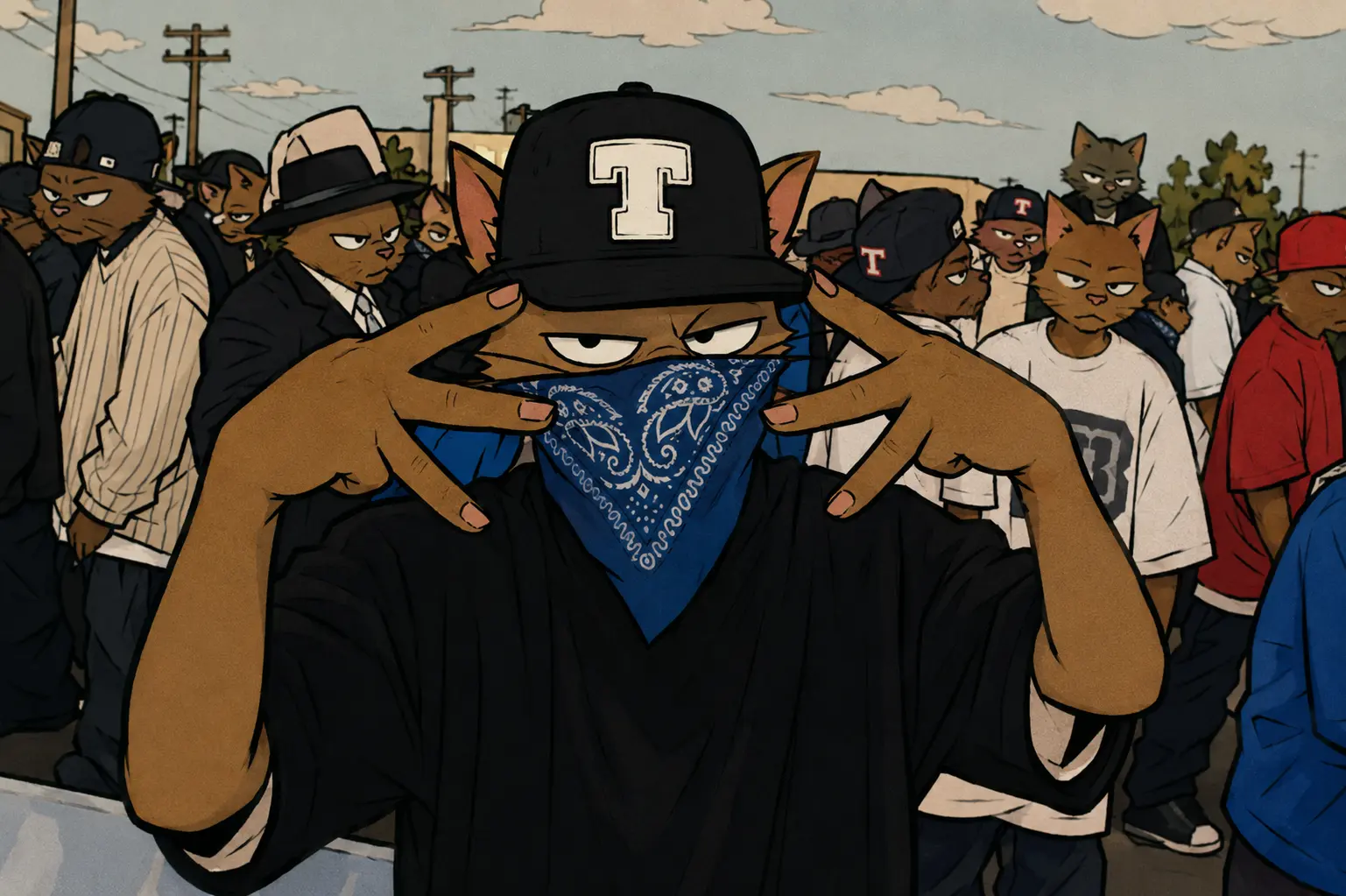 Hoodlum in a black cap and blue bandana throwing up hand signs in front of a crowd of cats