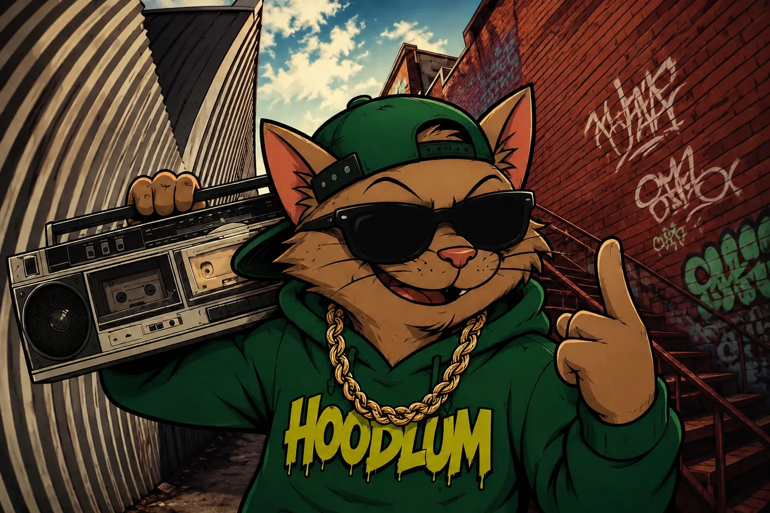 Hoodlum in sunglasses carrying a boombox on his shoulder past a graffiti wall