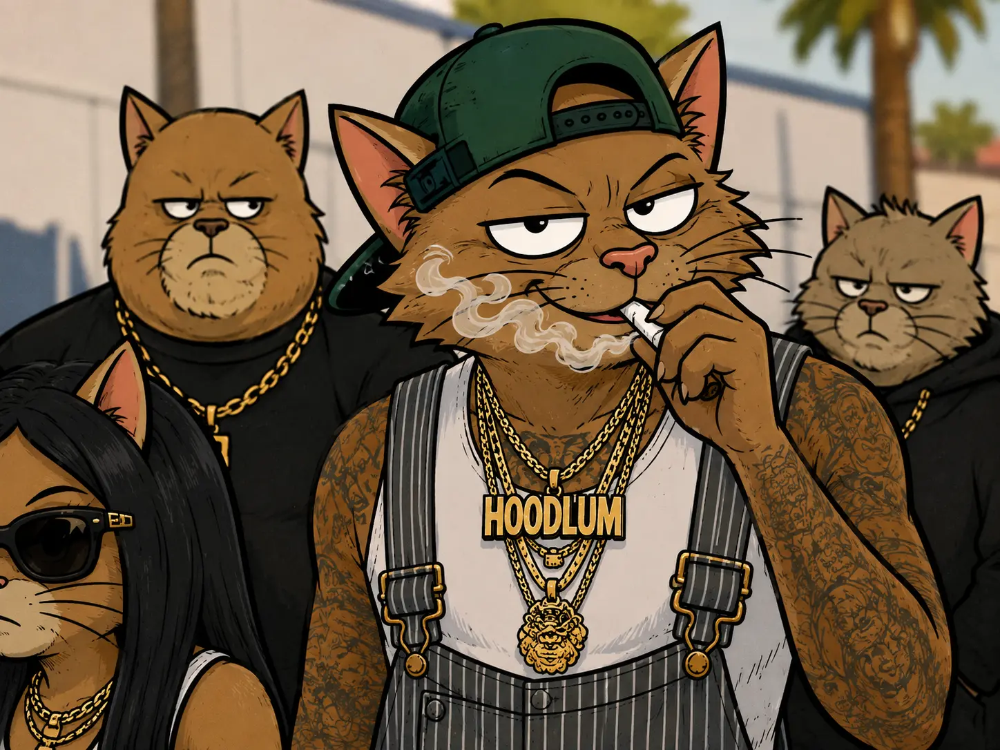 Hoodlum in striped overalls and stacked gold chains, exhaling smoke, flanked by three unimpressed cats