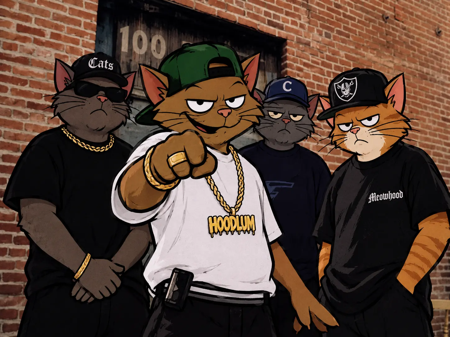 Four cats in caps and chains posing against a brick wall like a rap crew photo, Hoodlum in front pointing at the camera