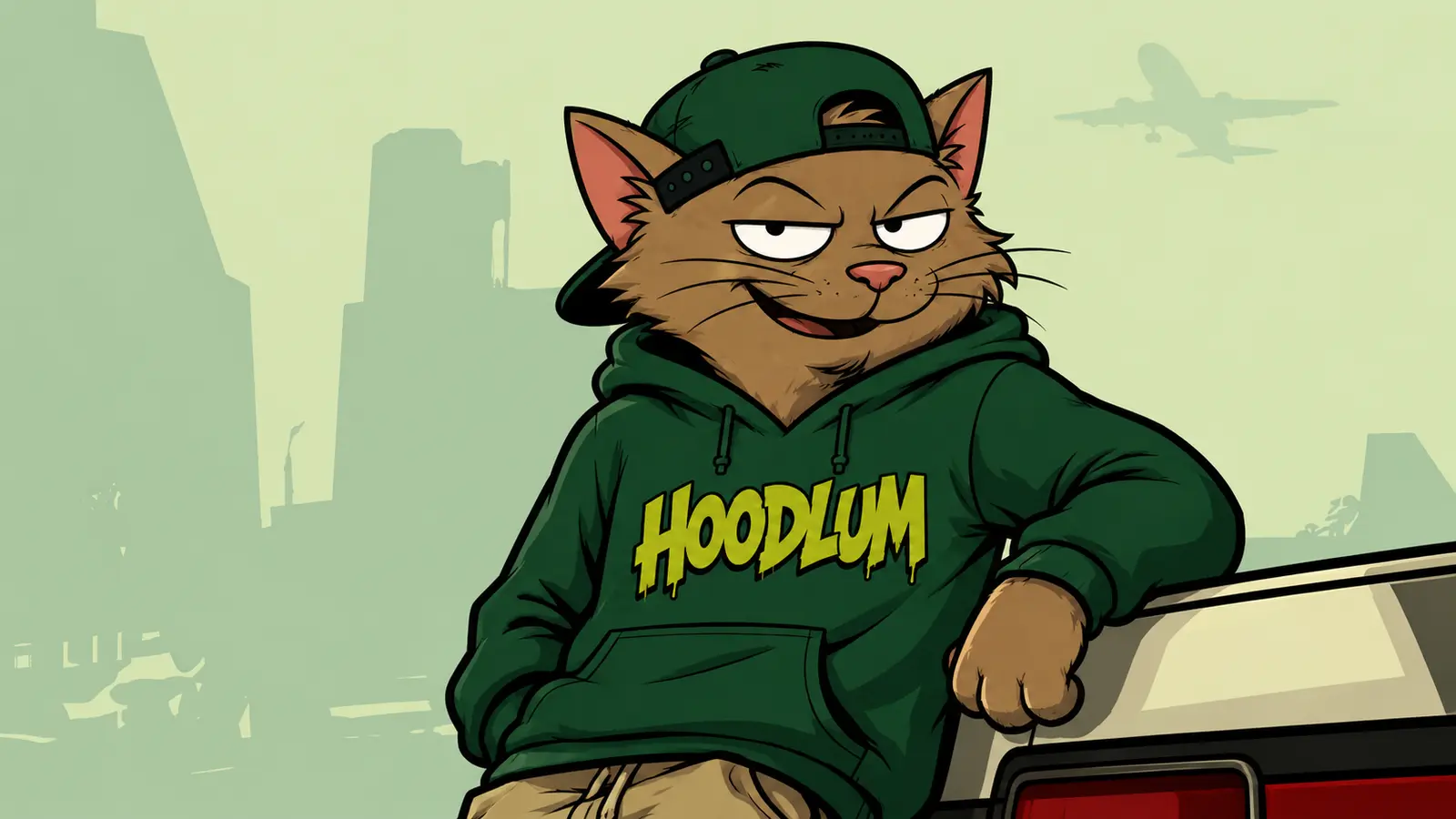 Hoodlum leaning on the trunk of an old car, smirking, with a hazy city skyline behind him
