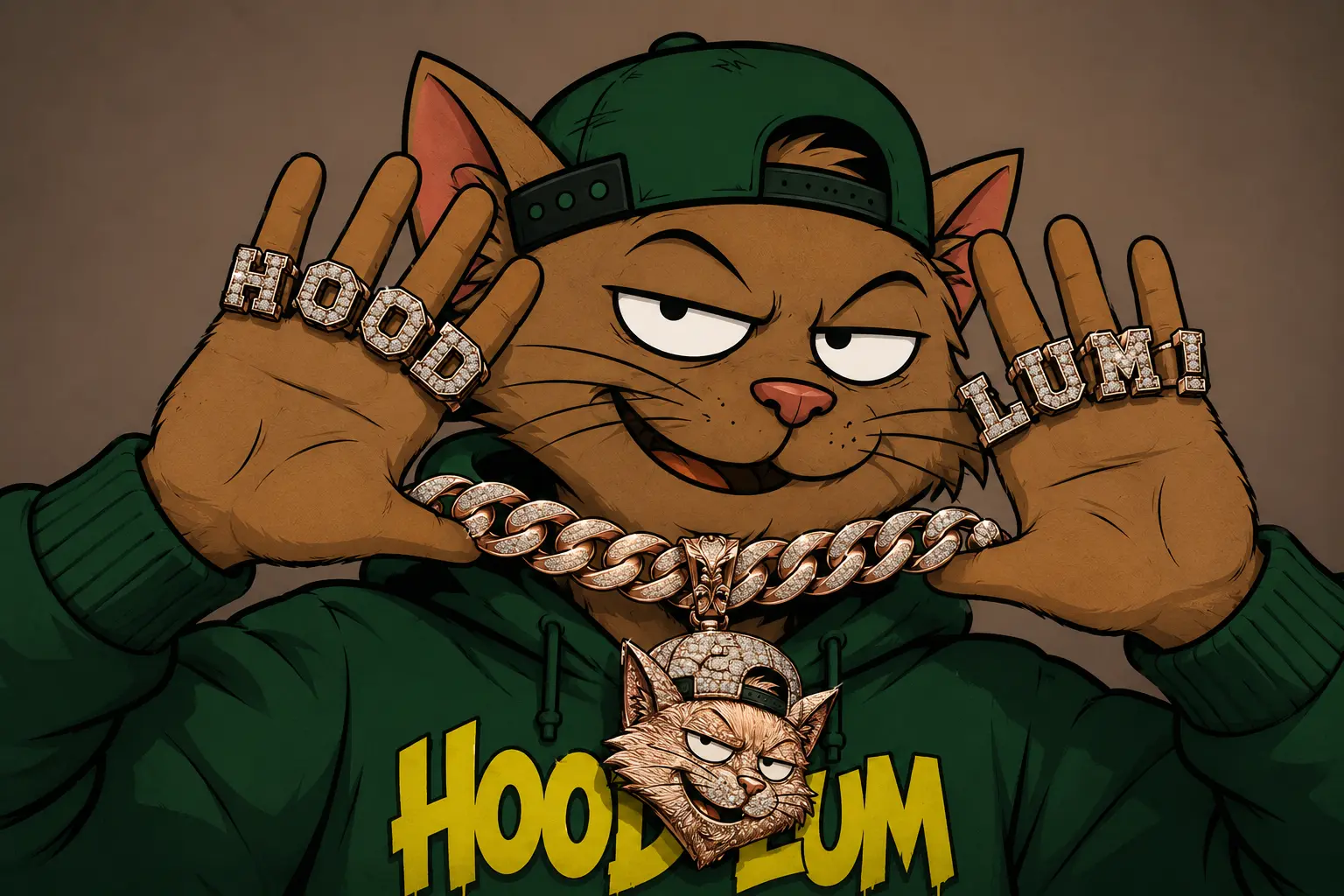 Hoodlum holding up both hands to show rings spelling HOOD and LUM, with a diamond chain and a pendant of his own face