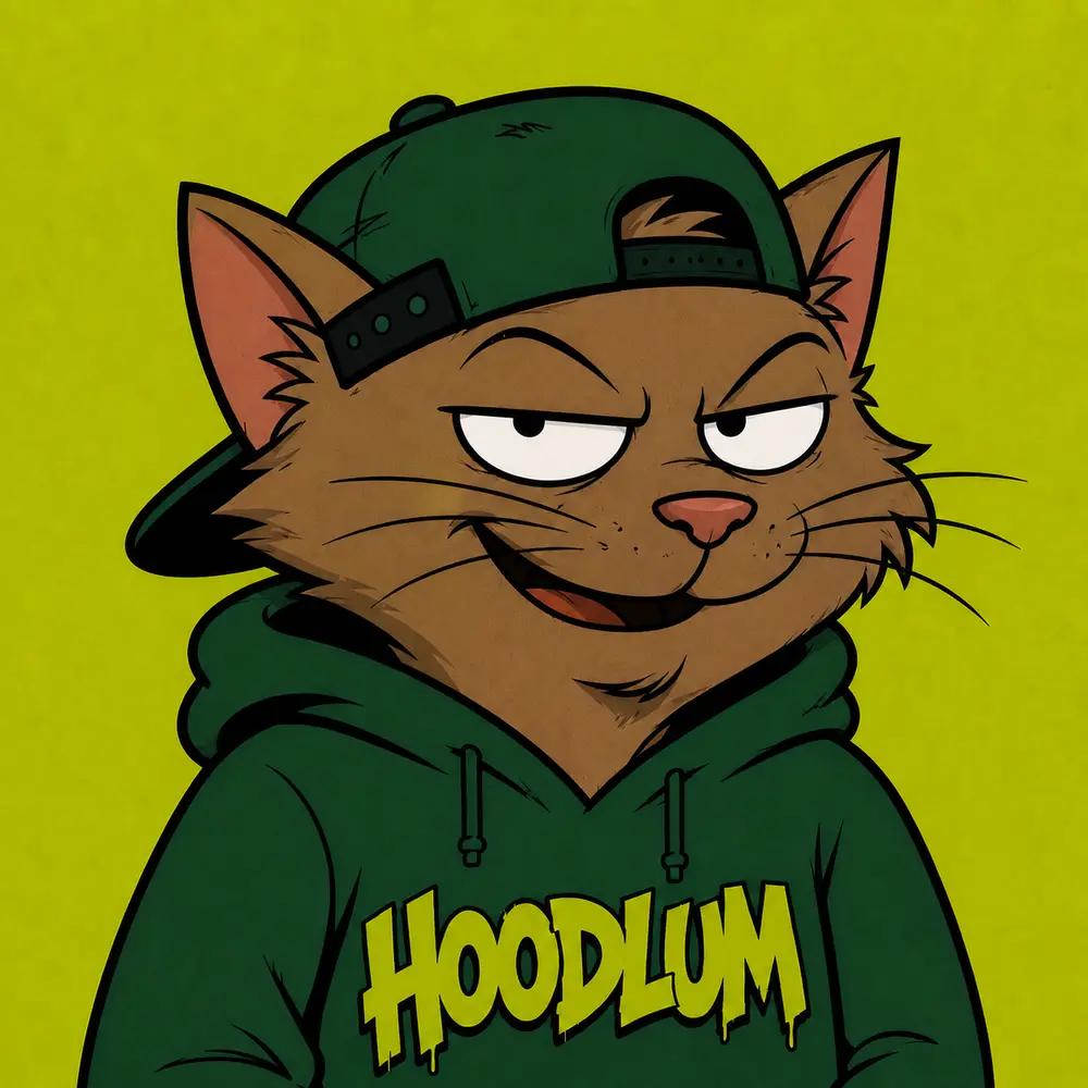 Hoodlum’s portrait on an acid green background, smirking in his green hoodie